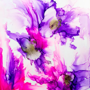 Alcohol ink painting in pink, purple and gold inks on white yupo paper